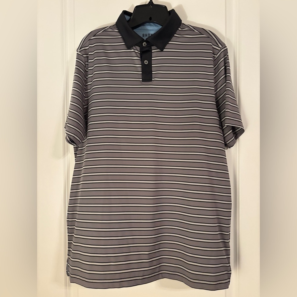 RHONE Men's Polo Shirt - Black and Gray Stripe- SIZE Medium